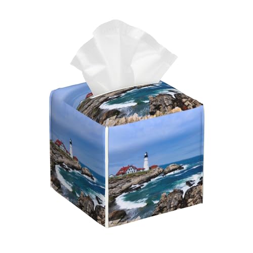 Leather Tissue Box Holder Seaside Lighthouse Tissue Box Cover Facial Paper Case Organizer Cube Napkin Dispenser for Bathroom Vanity Countertop Night Stand Office Car - color: Seaside Lighthouse