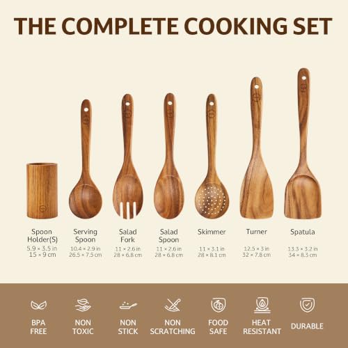 SOOMGYEOL SEOM 7-Piece Teak Wood Cooking Utensil Set with Holder | Natural Teak Wood, Uncoated, 6 Cooking Utensils & Holder, Nonstick Safe - size: 7 PCS Set