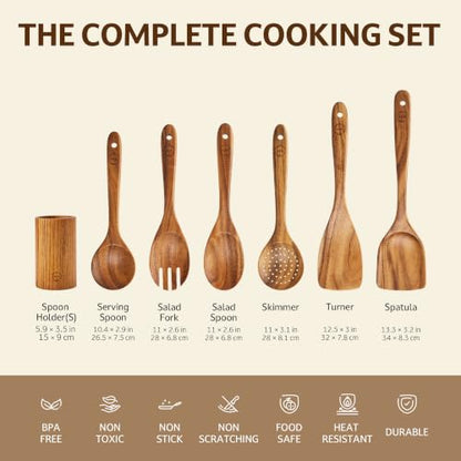 SOOMGYEOL SEOM 7-Piece Teak Wood Cooking Utensil Set with Holder | Natural Teak Wood, Uncoated, 6 Cooking Utensils & Holder, Nonstick Safe - size: 7 PCS Set