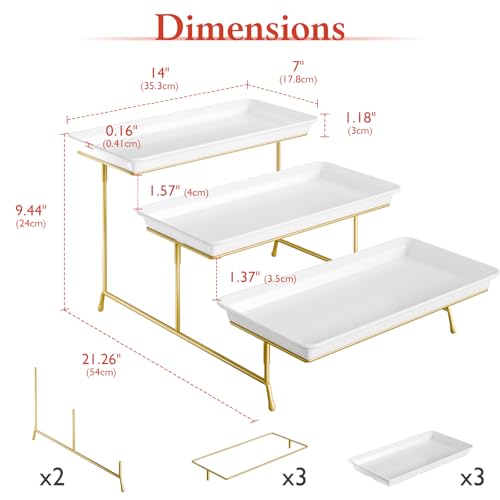 Bumusty 3-Tier Melamine Serving Tray Set, 14 x 7 in, Gold Stand | Melamine Reusable Platters with Metal Display Stand for Cupcakes, Desserts, Fruit, Cookies, Parties, Birthdays and Holidays - color: Gold, size: 14" x 7"