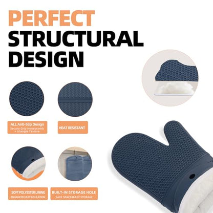 YUTAT Silicone Oven Mitts,Heat Resistant Oven Gloves with Soft Polyester Filling,Perfect for BBQ, Baking and Cooking,Blue,2 Pcs Set - color: Blue-honeycomb Surface, size: 13“L x 7"W-2 Piece