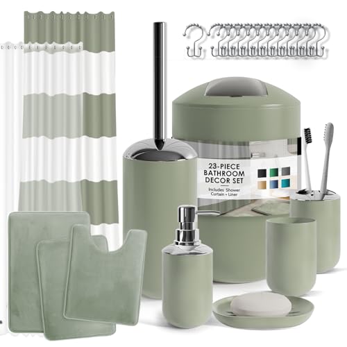 Clara Clark Bathroom Set - Sage Green Bathroom Accessories Set, Bathroom Sets with Shower Curtain and Rugs, 23PC Shower Curtain Set with Liner, Soap Dispenser, Soap Dish, and Toilet Brush Holder - color: Sage Green, size: Complete Set + Bath Rugs