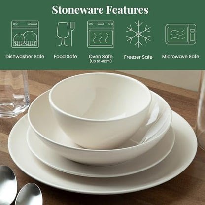 Larder & Vine Stoneware Dinnerware Set, 16 Piece, 4 Place Settings, Made in Portugal, White - color: White