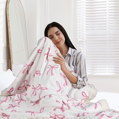 Tegeme Pink Bow Throw Blanket Sherpa Fleece Preppy Coquette Flannel Bow Blanket for Teen Girls Room Back to School Gift White Plush 50" x 60" Aesthetic Soft Bedding for College Dorm Bed Sofa Couch - color: Pink