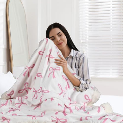 Tegeme Pink Bow Throw Blanket Sherpa Fleece Preppy Coquette Flannel Bow Blanket for Teen Girls Room Back to School Gift White Plush 50" x 60" Aesthetic Soft Bedding for College Dorm Bed Sofa Couch - color: Pink