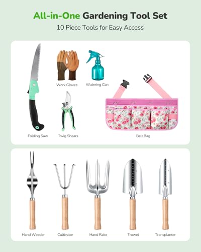 Gardening Tools 10-Piece Garden Tool Set, Rust Resistant, Pink | Steel hand kit with organizer belt for outdoor planting, Garden care and gardening gifts for women, Includes garden tool sets