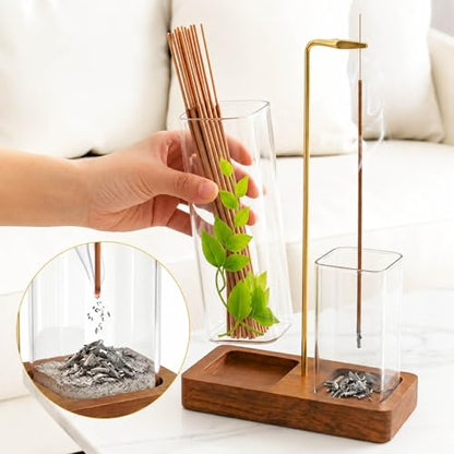 2 in 1 Upside Down Incense Holder Wooden Glass Burner Ash Catcher & Storage | Ash-proof upside-down 2-in-1 incense holder with glass catcher, wood base, storage, free brush, for yoga meditation spa decor