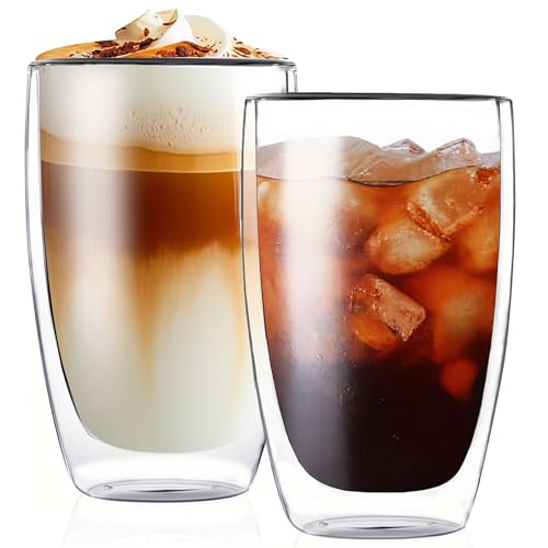 MESNEY 17oz Double Walled Glass Coffee Mugs, Glass Coffee Mugs Set of 2, Insulated Clear Cappuccino Latte Mugs for Home, Cafe & Restaurant, Durable Stackable Drinking Glasses - size: 17 Ounces 2 pieces