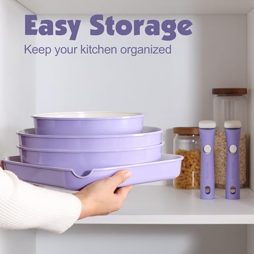 SENSARTE 17 Piece Ceramic Detachable Handle Pots and Pans Set Purple | Ceramic Cookware Set, Induction Cookware Set with Removable Handle, Healthy Non Stick for RV, Dishwasher ＆ Oven Safe - color: Purple, size: 17 Piece
