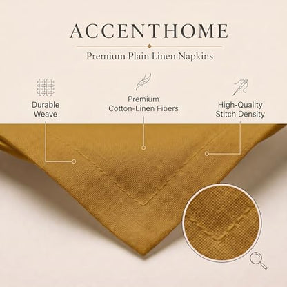 ACCENTHOME Mustard Cotton Linen Napkin Set of 6 18x18 inch Dinner Napkins - Washable Soft Premium Hotel Quality Reusable Napkins Perfect Table Napkins for Family Dinners, Weddings & Everyday Use | Cotton Linen Blend Napkins, Machine Wash On Gentle Cycle,