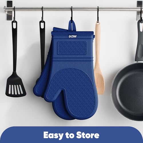 Silicone Oven Mitts, Heat Resistant Oven Gloves with Quilted Liner, Waterproof & Non-Slip Kitchen Mittens for Baking Cooking BBQ, 500°F, 12.5"-Madnight Blue - color: Madnight Blue