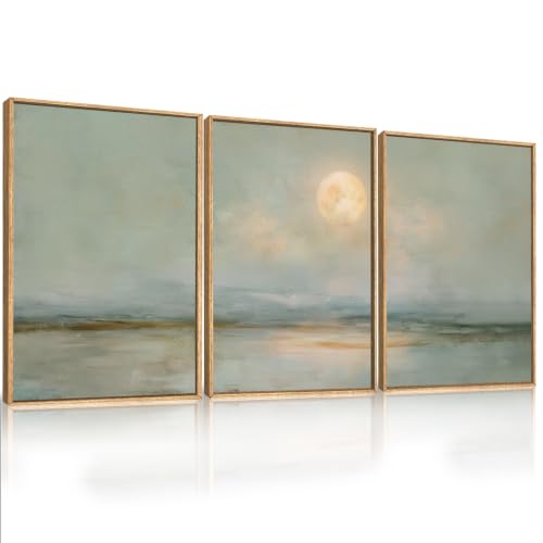 LHIUEM Large Abstract Moon Green Framed Canvas Wall Art Set,Minimalist Beige Gray Wall Decor, Nature Lake Landscape Art Painting for Living Room,Bedroom,Dining Room,Office -24"x36"x3 - color: Abstract Moon Green Wall Art, size: 24''x36''x3