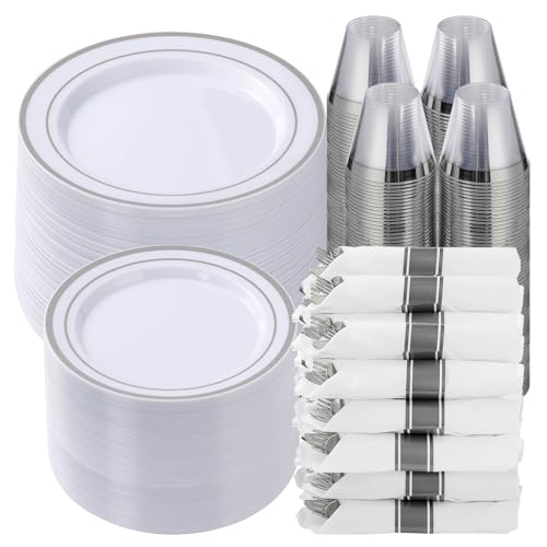700 Piece Silver Plastic Dinnerware Set for 100 Guests | Disposable Dinnerware Includes: 100 Dinner Plates, 100 Dessert Plates, 100 Pre Rolled Napkins with Silverware, 100 Cups - color: Silver, style: 700 Piece (100 guests)