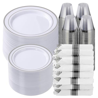 700 Piece Silver Plastic Dinnerware Set for 100 Guests | Disposable Dinnerware Includes: 100 Dinner Plates, 100 Dessert Plates, 100 Pre Rolled Napkins with Silverware, 100 Cups - color: Silver, style: 700 Piece (100 guests)