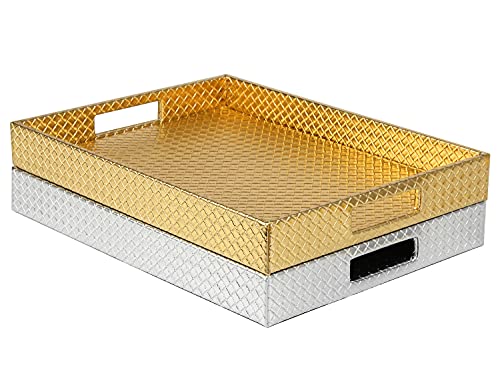 HofferRuffer Rectangle Serving Tray with Hole Handles for Coffee Table, Breakfast, Tea, Food, Butler - Countertop, Kitchen, Vanity Serve Tray, 16.2 x 12.2 x 2 inches, Faux Leather (Silver) - color: Silver