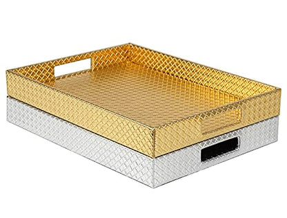 HofferRuffer Rectangle Serving Tray with Hole Handles for Coffee Table, Breakfast, Tea, Food, Butler - Countertop, Kitchen, Vanity Serve Tray, 16.2 x 12.2 x 2 inches, Faux Leather (Silver) - color: Silver