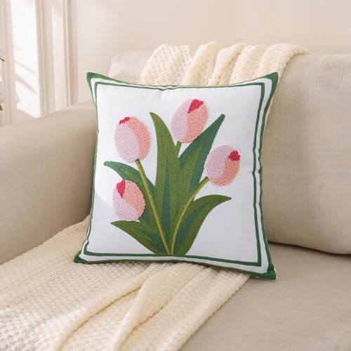 LUOYEHK Embroidered Throw Pillow Covers 18x18 Inch Set of 2 Pink Tulip Flower Spring Pillowcases Farmhouse Floral Square Cushion Covers for Couch Sofa Bed Living Room - color: Pink Tulip
