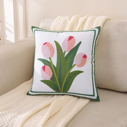 LUOYEHK Embroidered Throw Pillow Covers 18x18 Inch Set of 2 Pink Tulip Flower Spring Pillowcases Farmhouse Floral Square Cushion Covers for Couch Sofa Bed Living Room - color: Pink Tulip