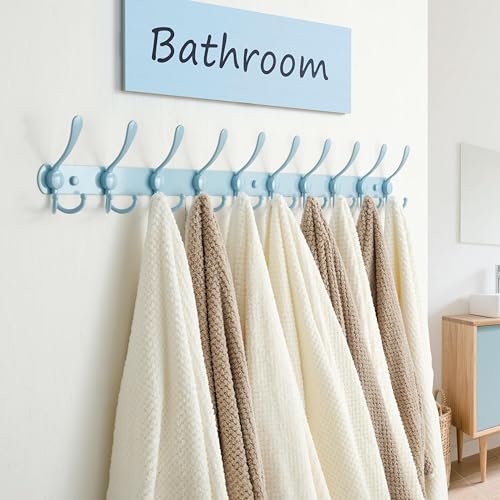Coat Rack Wall Mount - 38” Long 10-Tri-Hooks Heavy Duty Coat Hanger Rail Wall Hooks for Hanging Coats Hats Clothing Clothes Purse Mudroom Entryway, Blue - color: Blue, size: L=38” (1 Pcs)