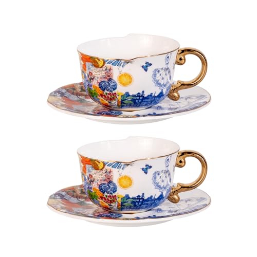 KAMMAK Tea Cups and Saucers Set of 2, Fine Bone China Coffee Cups, 584N | Stackable Espresso Mugs, Ceramic Demitasse for Coffee, Cappuccino, Latte, Americano, Tea - size: 7KPSP584N