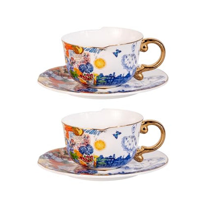 KAMMAK Tea Cups and Saucers Set of 2, Fine Bone China Coffee Cups, 584N | Stackable Espresso Mugs, Ceramic Demitasse for Coffee, Cappuccino, Latte, Americano, Tea - size: 7KPSP584N