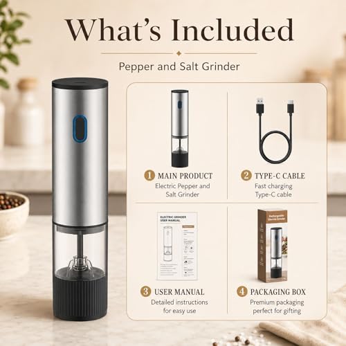 USB Rechargeable Electric Salt Pepper Grinder Stainless Steel Spice Mill
