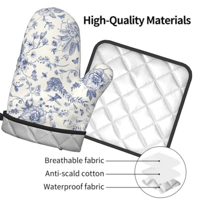 Giwawa Chinoiserie Flower Oven Mitts and Pot Holder Blue Leaves Heat Resistant 2Pcs Washable Oven Gloves Hot Pads for Kitchen Baking Grilling BBQ - color: Chinoiserie Flower