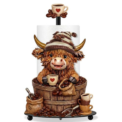 Coffee Beans Highland Cow Paper Towel Holder Coffees Kitchen Decor Farmhouse Metal Highland Cow Bar Accessories Stand with Round Base for Home Bathroom Countertop Toilet Caffee Lover Gifts - style: Coffee Beans
