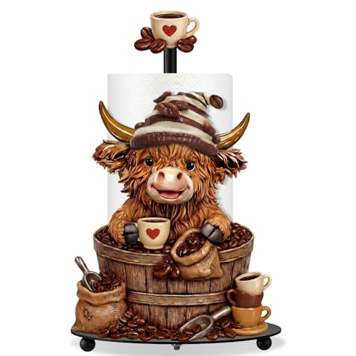 Coffee Beans Highland Cow Paper Towel Holder Coffees Kitchen Decor Farmhouse Metal Highland Cow Bar Accessories Stand with Round Base for Home Bathroom Countertop Toilet Caffee Lover Gifts - style: Coffee Beans