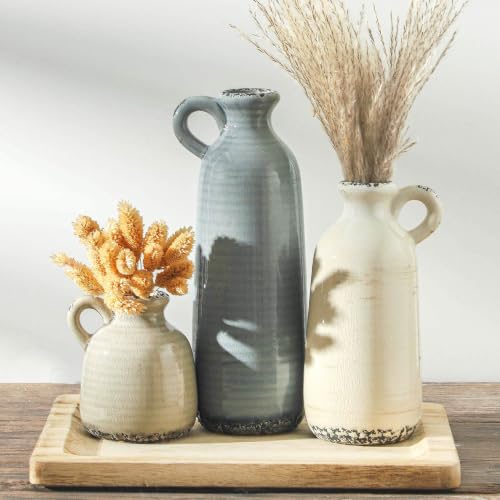 Ceramic Vases Set of 3, Neutral Rustic Farmhouse Vase with Handle, Decorative Flower Vases Home Decor Modern Boho Pampass Vase for Table Mantel Entryway Shelf Living Room Kitchen Bathroom - Ocean - color: 010 - Ocean