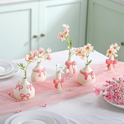 6 Pcs Pink Bow Vase Tiny Ceramic Bud Vase for Girl Coquette Home Decor Small Flower Vases Centerpieces Shelf Table for Living Room Wedding Baby Shower Decor