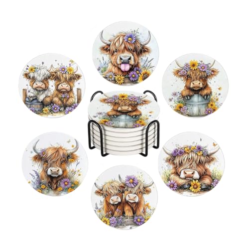 6Pcs Drink Coasters with Holder, Watercolor Cute Highland Cow Flower Absorbent Ceramic Drink Coaster with Cork Base, Home Bar Table & Office Decor House Warming Gift - color: Highland Cow