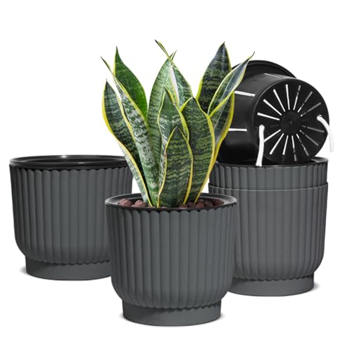 T4U Self Watering Pots for Indoor Plants, 7 Inch 4 Pack Planter Gray | African violet pothos ferns, Herb garden kitchen, Bottom feed reservoir, Easy care maintenance - color: Gray, size: 7 Inch