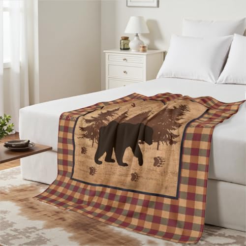 Bear Flannel Fleece Blanket,Wild Animal Forest Bed Blanket Red Green Buffalo Plaid Decorative Vintage Cabin Soft Cozy Fuzzy Blanket for Bedroom Couch Sofa or Travel Outdoor 50 x 60 Inch - color: Black Bear Forest, size: 60 x 50 inches