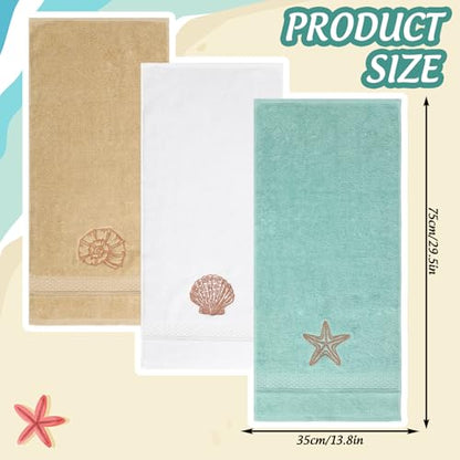 JarThenaAMCS 3Pcs Coastal Hand Towels Cotton Embroidered Bathroom Towel Ocean Beach Starfish Seashell Conch Decorative Dish Towel for Summer Holiday Home Bathroom Kitchen Decor
