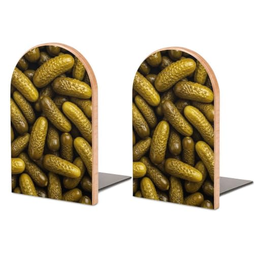 Wooden Book Ends with Metal Base Bookends Supports for Shelves, Pickle | Cucumber, Non-Slip Book Stoppers for Magazines, Books, DVDs, Small, 1 Pair - color: Style(633)
