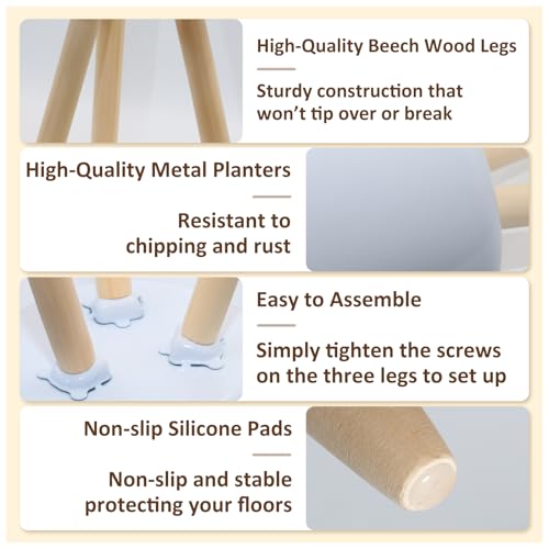 Plant Stand for Indoor Plants, Metal Planter Stand with Wooden Legs, White Flower Plant Pot Holder for Living Room, Office, Bedroom, Modern Home Decor