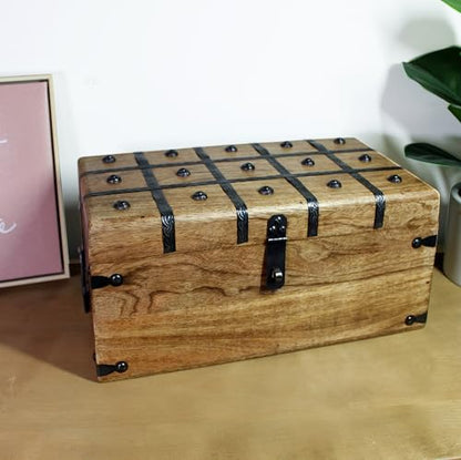 Treasure Chest Wooden Box with Antique Iron Lock and Skeleton Key (Large 14.5x8x6.75) - Storage and Decor – Pirate Wooden Treasure Chest, Decorative Box with Hinged Lid, - size: Large 14.5 x 9 x 5.75"