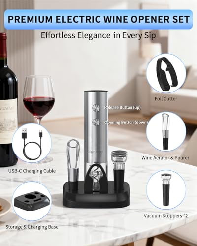 CIRCLE JOY Electric Wine Opener Stainless Steel Rechargeable Automatic Wine Bottle Opener Set 7-in-1 Wine Gifts for Wine Lovers with Charging Base, Foil Cutter, Wine Aerator Pourer & 2 Vacuum Stoppers - color: 7-in-1 Silver