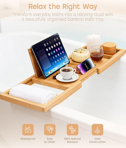 Bathtub Tray Caddy Expandable, Foldable Bath Tray, Bathtub Trays for Tub with Book, Wine Glass Holder, Anniversary House Warming Gifts, Relaxation, Bathroom Accessories, Fits Most Bathtubs Sizes