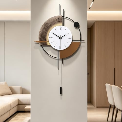Large Wall Clock for Living Room Decor,17.7x31inch | Modern Decorative Silent Battery Clock with Pendulum for Kitchen Home Bathroom Bedroom Wall Decor - color: Brown
