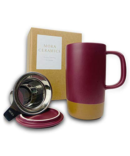 Mora Ceramics Large Tea Mug with Loose Leaf Infuser and Ceramic Lid, 18 oz, Portable, Microwave and Dishwasher Safe, Tall Coffee Cup - Rustic Matte Ceramic Glaze, Modern Herbal Tea Strainer, Merlot - color: Merlot