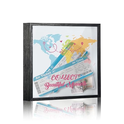 Travel Fund Box, 8×8 Collect Beautiful Moments Shadow Box Frame with Slot, Piggy Bank Money Saving Decoration for Graduation Bridal Shower, Colorful World Map Themed Memory Keepsake Gift -A04 - size: 8×8 collect moments map