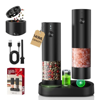 CIRCLE JOY Electric Salt and Pepper Grinder Set with Charging Base, Rechargeable Automatic Pepper Mill, Adjustable Coarseness, LED Light, 140ml Large Capacity - color: Classic Black