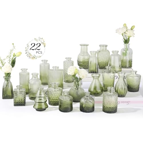 Glass Bud Vases Mini Flower Vase Small Vintage Vases for Centerpiece Table Wedding Decorations Home Decor Party(Gradient Green 22 Pack) - style: Gradient Green 22 Pack