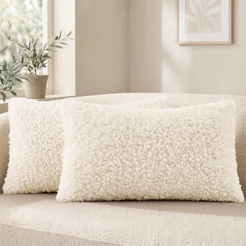 decorUhome Sherpa Throw Pillow Covers 12x20 Set of 2 Neutral Cream | Soft Fuzzy Texture, Heart-Shaped Zipper, Cozy Lumbar Accent Pillow Covers for Sofa Couch Living Room Bedroom, Neutral Style - color: Cream, size: 20" x 12" (Pack of 2)