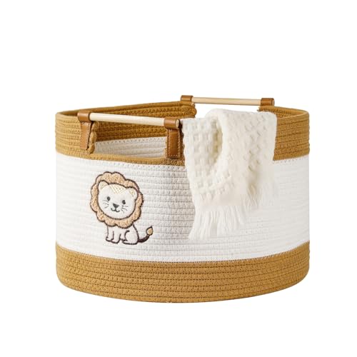 Large Blanket Basket Living Room 35L Baby Laundry Basket Toy Bin for Babies Toddlers Storage Baskets for Organizing Toys, Woven Cotton Rope Laundry Hamper for Nursery Storage Boy Gift Baskets Empty - color: Lion, size: Large