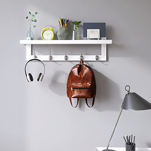SMIBUY Coat Hooks with Shelf Wall-Mounted, 29.2 Inch Entryway Coat Rack for Wall, Bamboo Hanging Shelf with 5 Double Metal Hooks for Bathroom, Bedroom, Kitchen, Living Room, Mudroom (White) - color: White