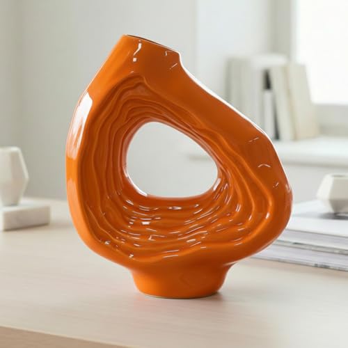 Sunddo Ceramic Flower Vase, Orange | Modern Donut Decorative Vases for Home Decor, Living Room, Dining Table, Console, Office Bedroom Shelf Decoration, 9 Inch - color: Orange, size: 9 inch