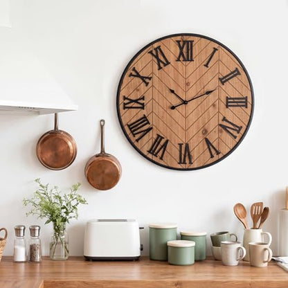Kenning Farmhouse Wall Clock for Living Room Decor, Rustic 24'' Wall Clock | Large Decorative Wall Clock with Brown Wooden Face & Black Metal Frame, Silent Battery Operated for Kitchen Bedroom Entryway - size: 24 Inch